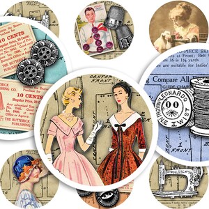 Afdrukbaar collageblad • Naaien en mode • 48 stuks ronde afbeeldingen van 1"/25 mm • PDF- en JPEG-download