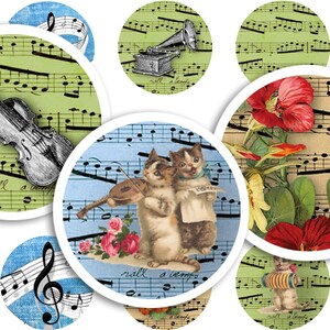 Digitale muziekcollageblad • 48 ronde afbeeldingen van 1"/25 mm • Muziekinstrumenten • Afdrukbare ephemera • Hangende ladekunst • PDF- en JPEG-download