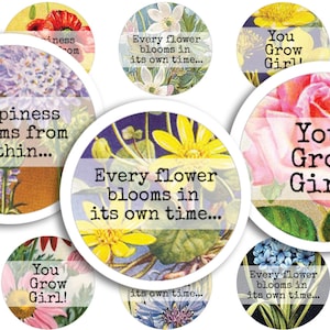 Inspirerende botanische digitale collageblad • 48 ronde afbeeldingen van 1"/25 mm • Vintage bloemenprints • Afdrukbare ephemera • PDF- en JPEG-download