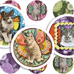Fairy Cats Digitale Collage Vel • 48 Ronde 1"/25mm Afbeeldingen • Kat met Vleugels • Afdrukbare Ephemera • Hangende Dienblad Kunst • PDF & JPEG Download