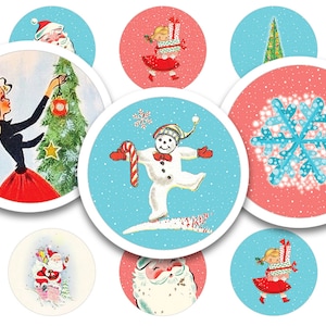 Afdrukbaar collageblad • Mod Kerstmis • 48 stuks ronde afbeeldingen van 1"/25 mm • Digitale ephemera • PDF- en JPEG-download