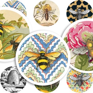 Afdrukbaar collageblad • Bijen en bijenkorven • 48 stuks ronde afbeeldingen van 1"/25 mm • PDF- en JPEG-download