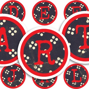 Afdrukbaar collageblad • Rood alfabet • 48 stuks ronde afbeeldingen van 1"/25 mm • PDF- en JPEG-download