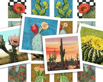 Printable Collage Sheet • Desert Cactus • 88 pcs 3/4" or 20mm Square Images • Digital Ephemera • PDF & JPEG Download