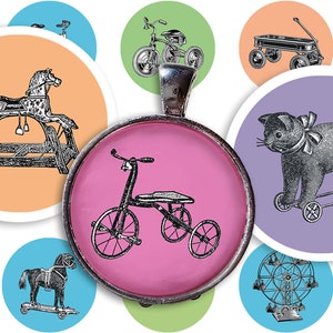 Vintage speelgoed digitale collageblad • 48 ronde 1"/25mm afbeeldingen • Kinderspeelgoed • Afdrukbare ephemera • Hanger lade kunst • PDF & JPEG downloaden