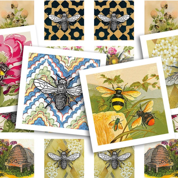 Printable Collage Sheet • Bees and Beehives • 88 pcs 3/4" or 20mm Square Images • Digital Ephemera • PDF & JPEG Download