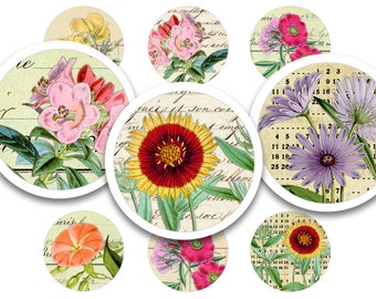 Printable Digital Collage Sheet • 48 Round 1"/25mm Images • Botanical Notes • PDF & JPEG Download