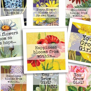 Afdrukbaar collageblad • 48 stuks vierkante afbeeldingen van 25 mm/1" • Inspirerend botanisch • PDF- en JPEG-download