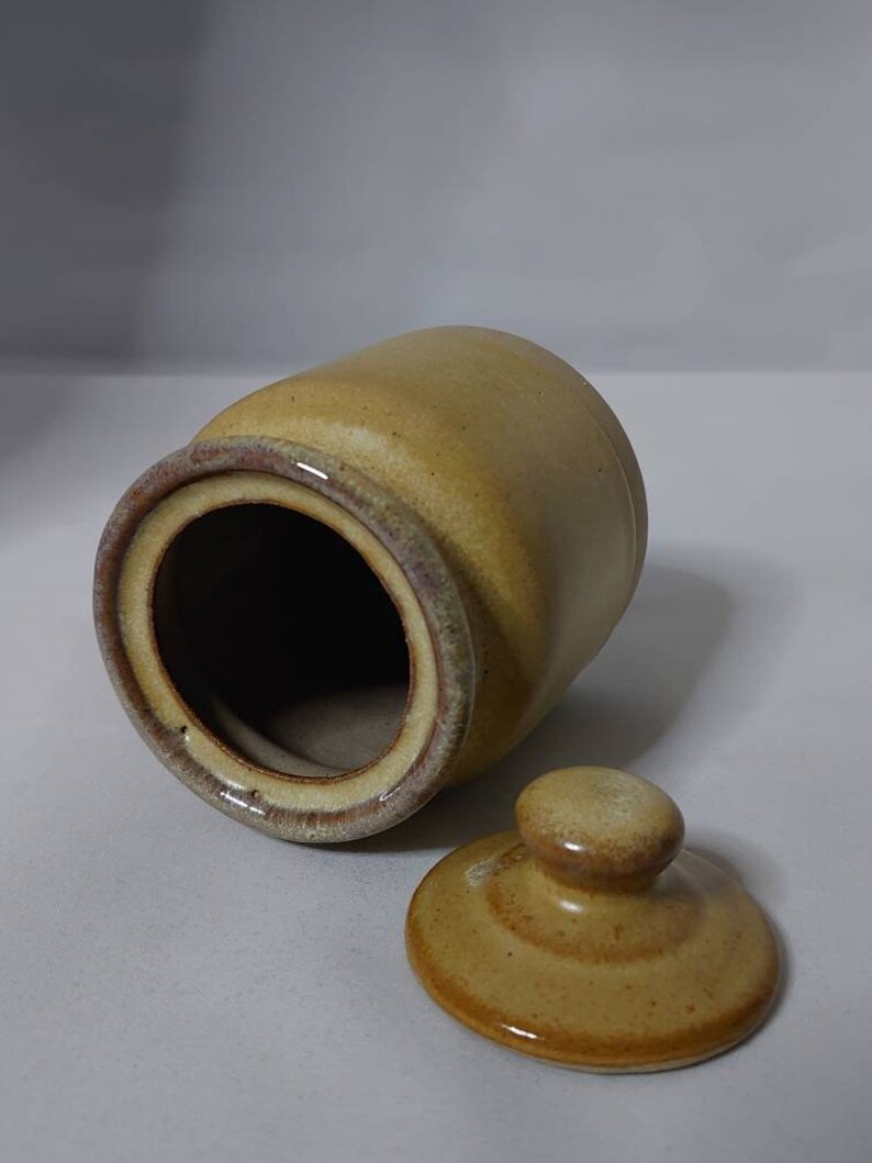 Puede incluir: Un tarro de cer&aacute;mica con tapa, ambos de color marr&oacute;n claro con un borde marr&oacute;n oscuro. El tarro es redondo y tiene una abertura ancha. La tapa tiene un pomo en la parte superior.