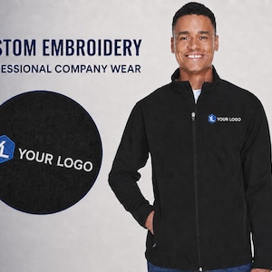 May include: A black fleece jacket with a full-length front zipper and a high collar. The chest features an embroidered blue hexagon logo with the letters YL and the text YOUR LOGO. Text on the image reads CUSTOM EMBROIDERY PROFESSIONAL COMPANY WEAR.