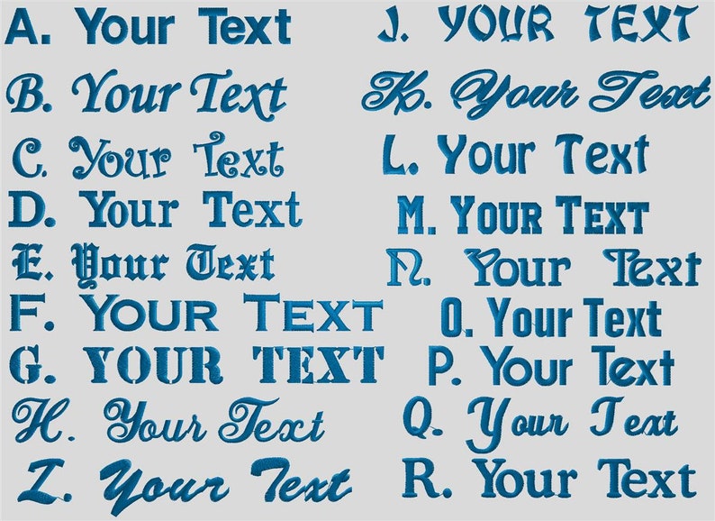 Może przedstawiać: Wykres z literami od A do R w r&oacute;żnych czcionkach i stylach. Każda litera jest poprzedzona tekstem "Your Text".