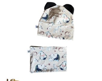 Bear Hugs print hat  and snood  , bandana bib  , Toddlers hat , matching set