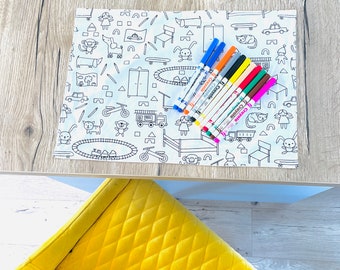 At Home busy print Reusable colouring in placemat with or without fabric markers