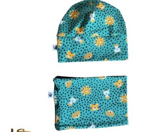 Animal spots print hat  and snood  , bandana bib  , Toddlers hat , matching set