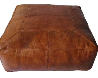 Grande pouf quadrato marocchino in pelle - color cognac