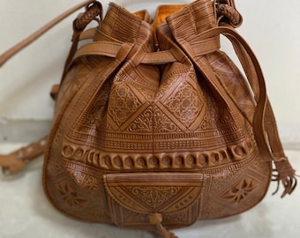Hand Tooled Leather Bucket Bag | Moroccan Bohemian Crossbody Purse