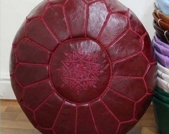 Pouf ottomano in pelle marocchina fatto a mano / Cuscino da pavimento in stile boho bordeaux