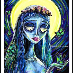 May include: A painting of a blue-skinned woman with long blue hair wearing a white dress and a flower crown. She is surrounded by a yellow moon and green butterflies. The painting is signed "NBRU" in the bottom right corner and includes the text "@art.by.nbru".