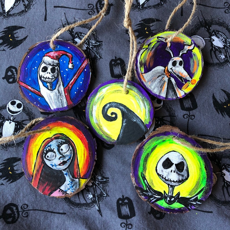 Hand Painted Nightmare Before Christmas Ornaments on wood slices
