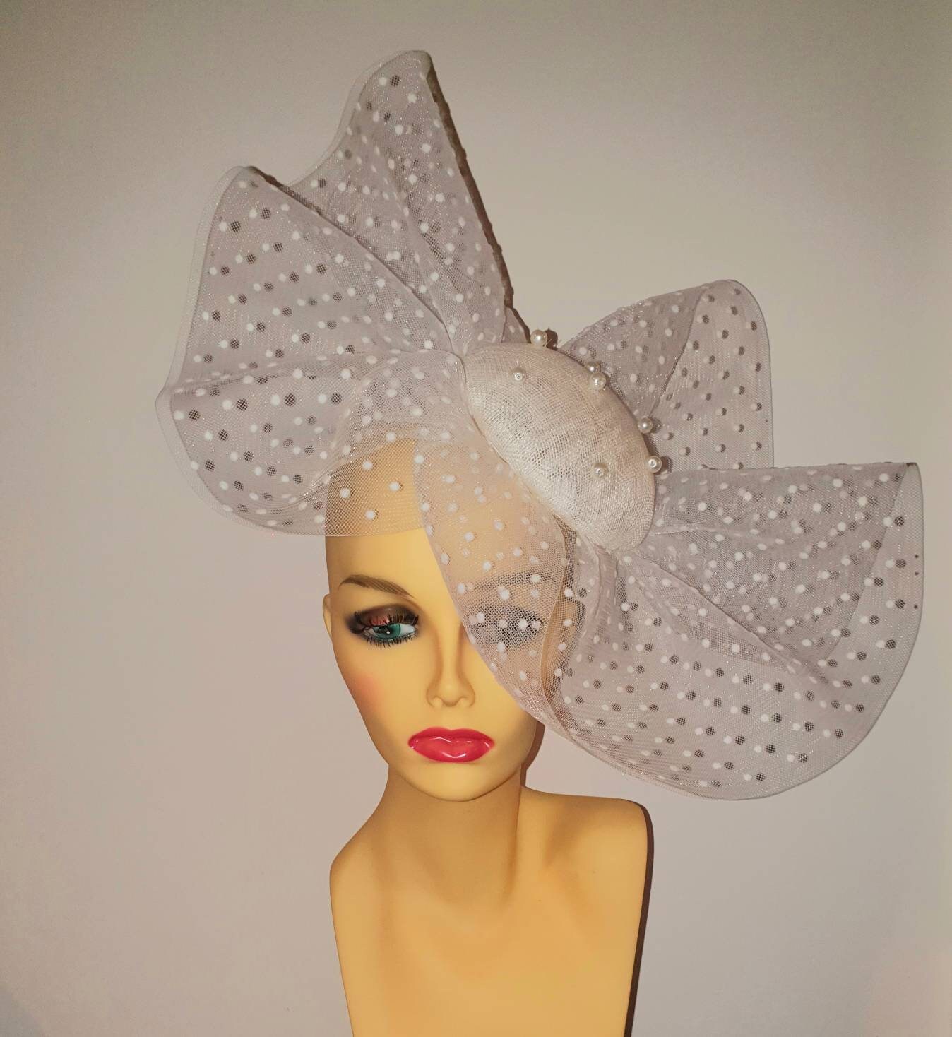 Spot Frilly Fascinator With Pearls 