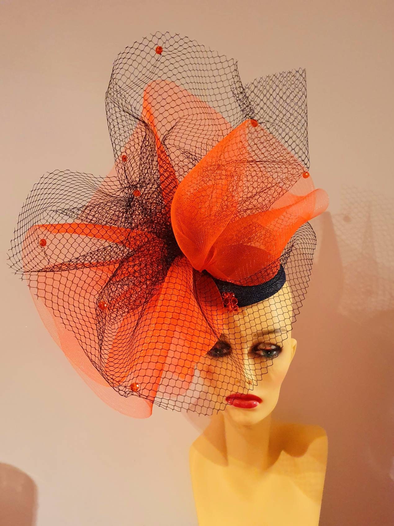 Neon Orange and Navy Large Fascinator 