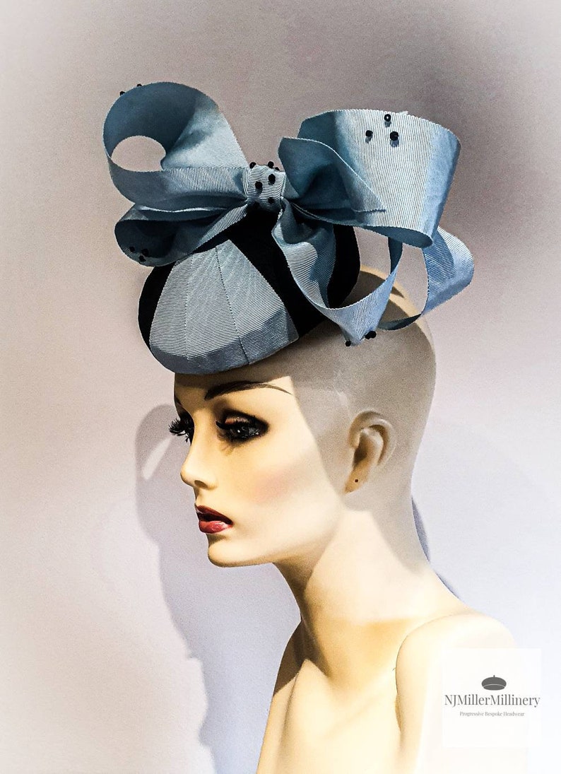 Duck egg blue and black pleated ribbon button hat with bow