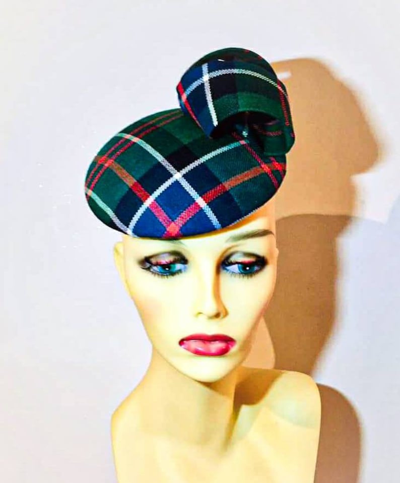 Tartan button hat fascinator with curl green blue red Etsy
