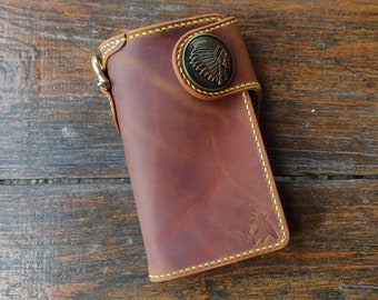Leather Biker Wallet With Decorative Concho Button, Trucker Wallet With Ring For Chain or Lanyard, Travel Western Wallet