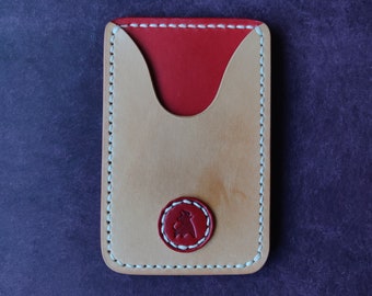 Handmade Natural & Red Leather Card Holder Wallet: Slim Minimalist Design
