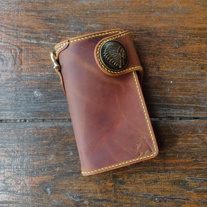 Leather Biker Wallet With Decorative Concho Button, Trucker Wallet With Ring For Chain or Lanyard, Travel Western Wallet