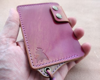 Rocado Shell Cordovan Leather Card Holder With A Ring For Chain Or Lanyard, Pocket Mini Wallet, Minimalist Card Holder Case