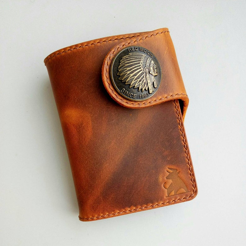 Biker Wallet With Decorative Concho Button, Trucker Wallet With Ring For Chain or Lanyard, Travel Western Wallet Concho with Indian