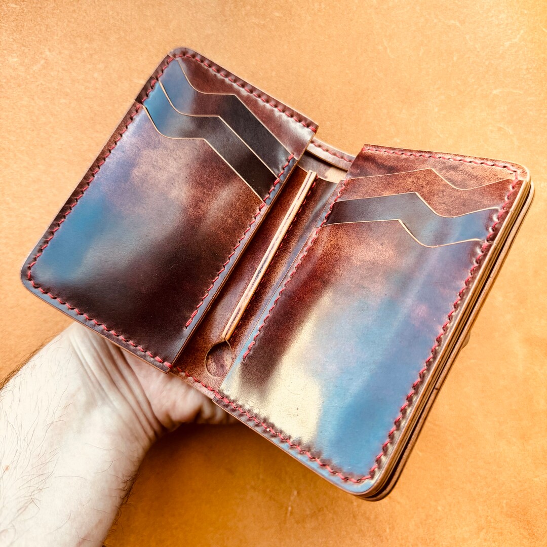 Handmade Shell Cordovan Leather Wallet: Burgundy Marbled Bifold