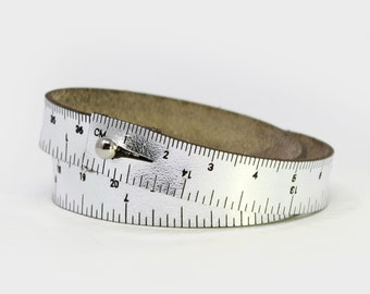 WRIST RULER Silver | Tape Measure Bracelet | Leather Cuff | Leather Wrap Bracelet | Sewing | Knitting | Crochet | Notion | Gift