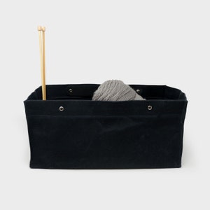 Black Toolbox Knitting Project Bag | Waxed Canvas Bag, Knitting bag, Crafters Pouch, Leather handle, Crochet, Sewing, Drawstring Bag