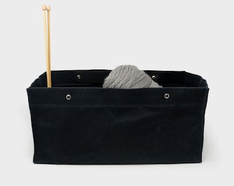 Black Toolbox Knitting Project Bag | Waxed Canvas Bag, Knitting bag, Crafters Pouch, Leather handle, Crochet, Sewing, Drawstring Bag