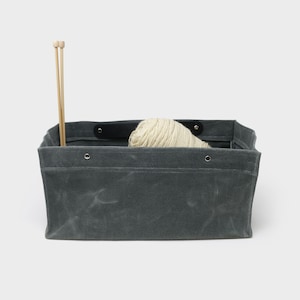 Grey Toolbox Knitting Project Bag | Waxed Canvas Bag, Knitting bag, Crafters Pouch, Leather handle, Crochet, Sewing, Drawstring Bag