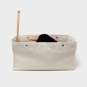 White Toolbox Knitting Project Bag | Waxed Canvas Bag, Knitting bag, Crafters Pouch, Leather handle, Crochet, Sewing, Drawstring Bag