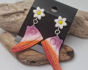 Dangly flower + lesbian converse style shoe earrings | Handmade | Pride | WLW | Silver | Sterling | 925 | Flag | Baseball | Summer | Daisy