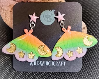 Celestial Moon Star Moth Earrings | Stud | Hooks | Silver | 925 | Sterling | Rainbow | Ethereal | Space | Stellar | Butterfly | Pride