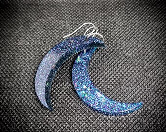 Sparkly Blue Resin Moon Earrings