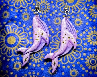 Purple Space Whale Hook Earrings | Marine | Ocean | Sea | Nature | Gift | Silver | Handmade | Celestial | Space | Stars | Moon |