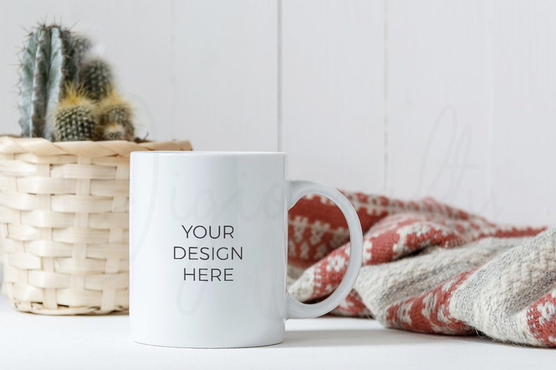 Download White mug mockup cactus wool blanket PSD mug boho styled ...