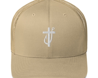 Sombrero de camionero Cross and Fish Hook / sombrero del Día del Padre, sombrero de pescador de hombres, sombrero cristiano para hombres, sombrero de anzuelo cruzado, regalos para papá