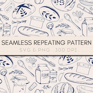 May include: A seamless repeating pattern featuring hand-drawn illustrations of baking-related items. The design includes bread loaves, flour, sugar, butter, and kitchen utensils in a navy blue color on a cream background. The text "SEAMLESS REPEATING PATTERN" is displayed.