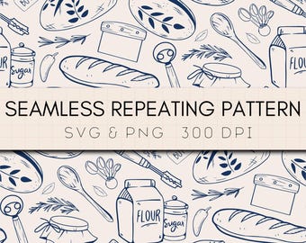 May include: A seamless repeating pattern featuring hand-drawn illustrations of baking-related items. The design includes bread loaves, flour, sugar, butter, and kitchen utensils in a navy blue color on a cream background. The text "SEAMLESS REPEATING PATTERN" is displayed.