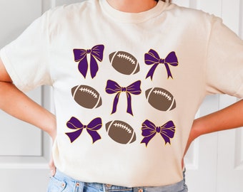 Purple and Gold Football & Bows SVG | football mom shirt, coquette design football, football sister, football sublimation, cute football svg