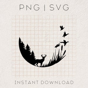May include: Black and white silhouette of a deer standing in a forest with a crescent moon shape around it. There are three flying ducks above the forest.