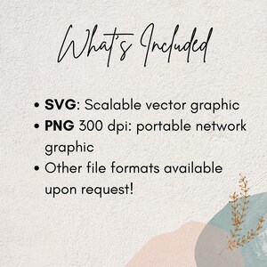 May include: Text that reads "What's Included" followed by a list of file formats: SVG, Scalable vector graphic, PNG 300 dpi: portable network graphic, and Other file formats available upon request!