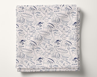Tessuto con fantasia Sourdough Doodles / Blu navy e beige / tessuto da forno, regali per fornai, trapunta con pasta madre, tessuto per la panificazione, tessuto alimentare